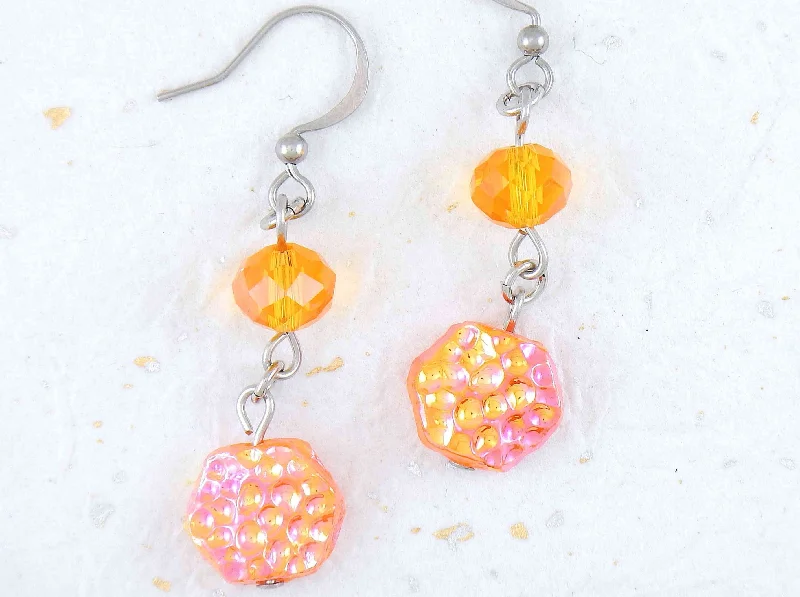 Long earrings with vintage iridescent textured glass hexagons, assorted crystals, available in 3 bright colours (orange, turquoise, fuchsia), stainless steel hooks