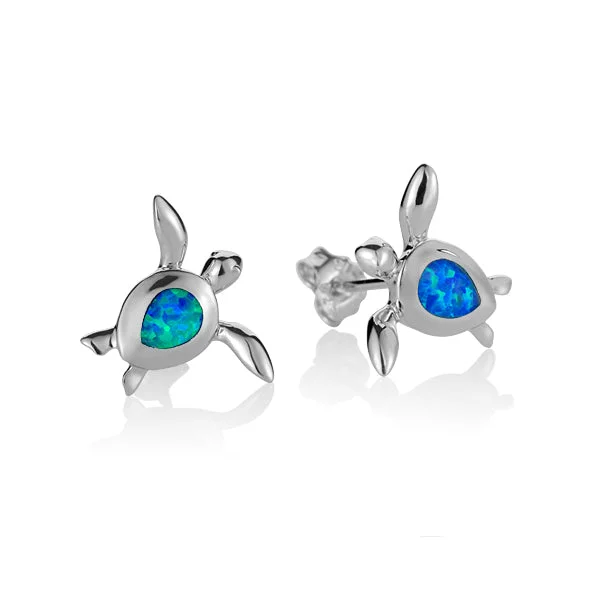 Stacked drop earrings-Sterling Silver Alamea Hawaii Blue Opal Honu Turtle Stud Earrings