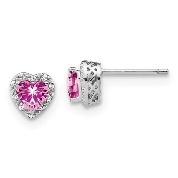 Clear stud earrings-Sterling Silver Created Pink Sapphire and Diamond Heart Earrings