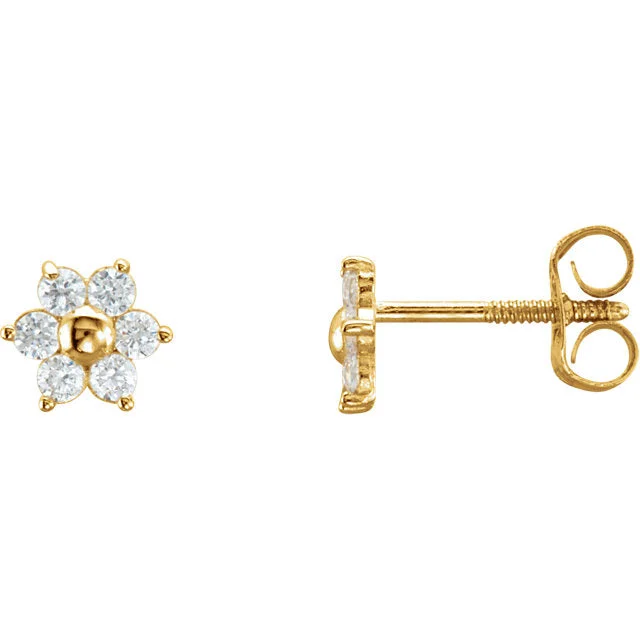 Light drop earrings-14K Gold 1.5 mm Round Cubic Zirconia Flower Screw Back Threaded Earrings