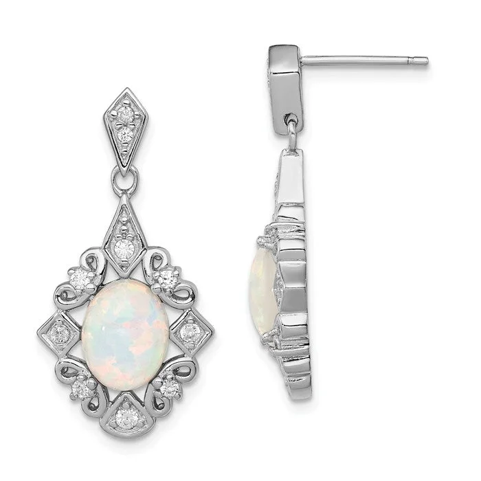 Twisted cord earrings-Sterling Silver Created Opal Oval And CZ Dangle Post Earrings