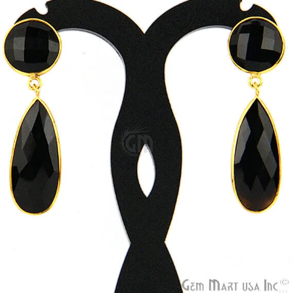 Stacked drop earrings-Black Onyx Round & Pears Shape 44x11mm Gold Plated Dangle Hook Earrings