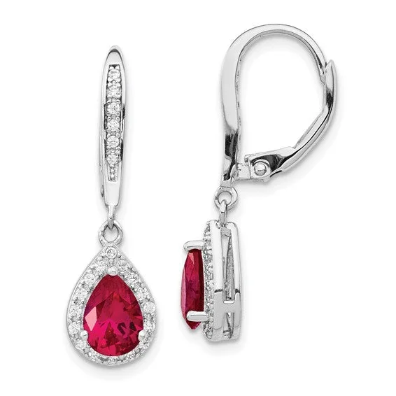 Fine bead earrings-Cheryl M Sterling Silver Pear Created Ruby Leverback Earrings