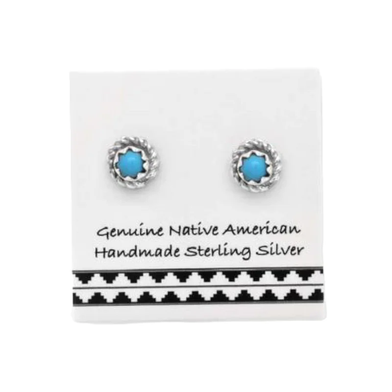 5mm Genuine Sleeping Beauty Turquoise Stud Earrings in 925 Sterling Silver, Authentic Native American Handmade, Nickel Free