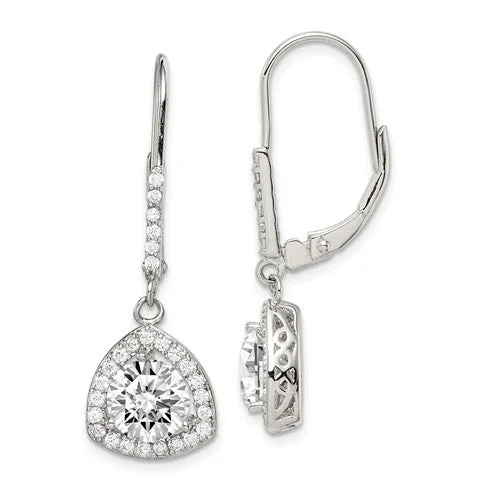 Satin silver earrings-Sterling Silver CZ Trillion Halo Leverback Earrings