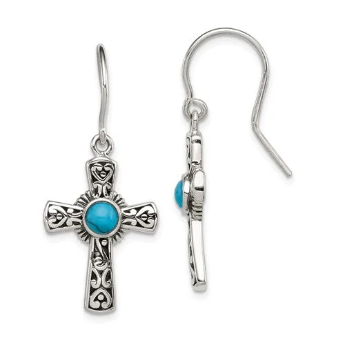 Petal pattern earrings-Sterling Silver Turquoise Cross Dangle Earrings