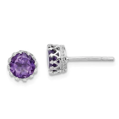 Morganite earrings-Sterling Silver 6mm Genuine Amethyst Crown Set Stud Earrings