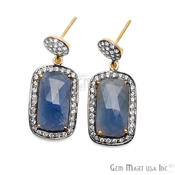 Topaz stud earrings-Blue Sapphire With Cubic Zirconia Pave Diamond 36x15mm,Gold Vermeil Dangle Drop Stud Earring