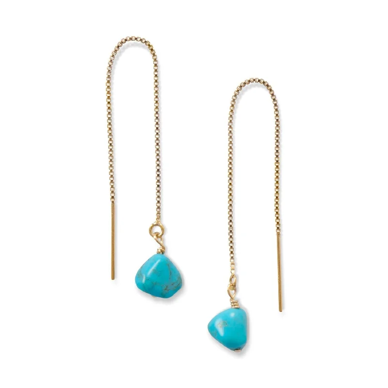 Curved drop earrings-Sterling Silver Yellow Gold Plated Turquoise Bead Threader Earrings