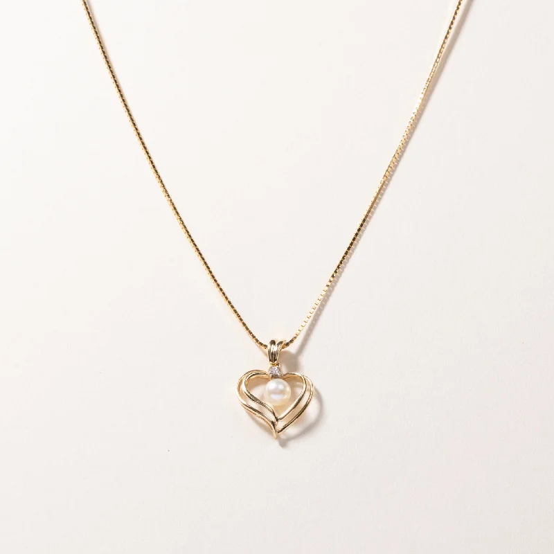 Fine enamel necklaces-14k Yellow Gold Pearl and Diamond Necklace | 5.70mm, 0.03ct | 17"