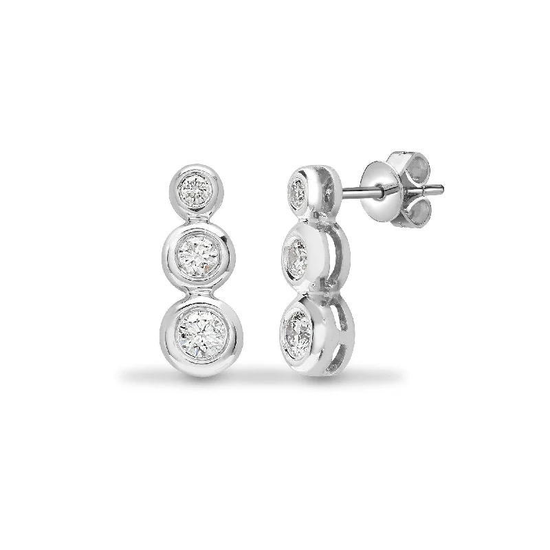 Aged medallion earrings-DIAMOND THREE-STONE RUB OVER SETTING DROP EARRINGS IN 18K WHITE GOLD