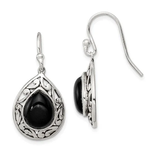 Warm wood earrings-Sterling Silver Antiqued Finish Filigree Onyx Pear Dangle Earrings