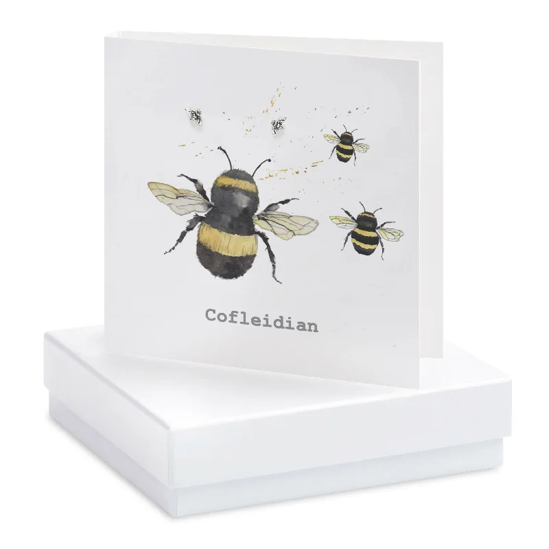 Bee Sterling Silver Stud Earrings on a Welsh Card - Perfect Welsh Gift