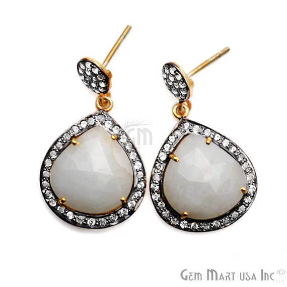 Freshwater pearl earrings-White Sapphire With Cubic Zirconia Pave Diamond 35x20mm,Gold Vermeil Dangle Drop Stud Earring