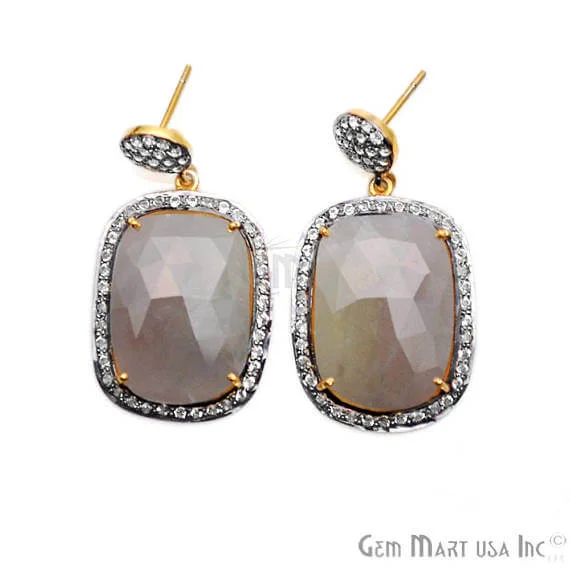 Smooth art earrings-Grey Sapphire With Cubic Zirconia Pave Diamond 22x40mm,Gold Vermeil Dangle Drop Stud Earring