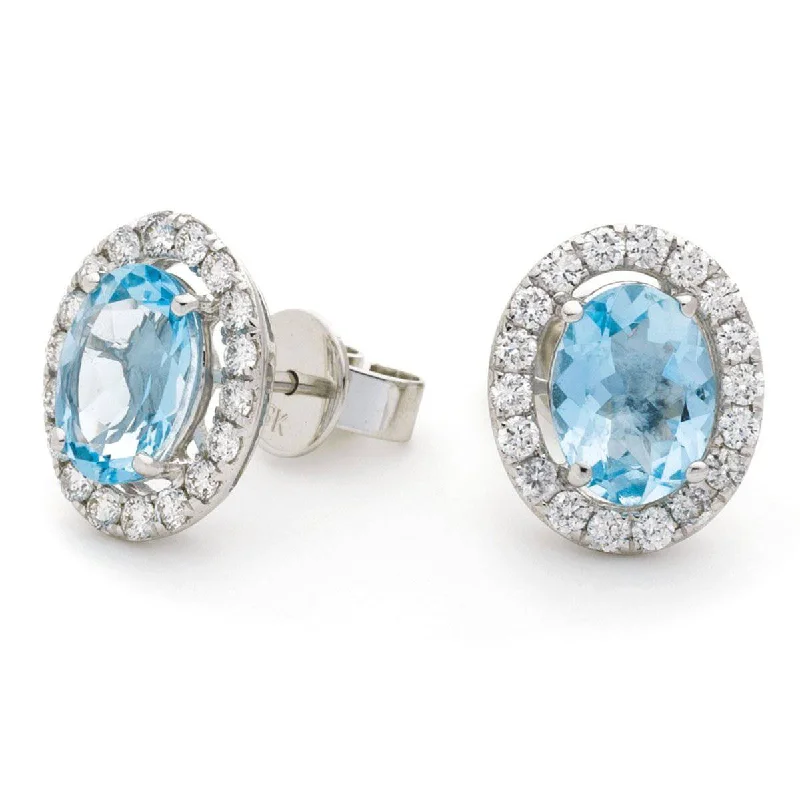 Wave shape earrings-AQUAMARINE HALO STUD EARRINGS