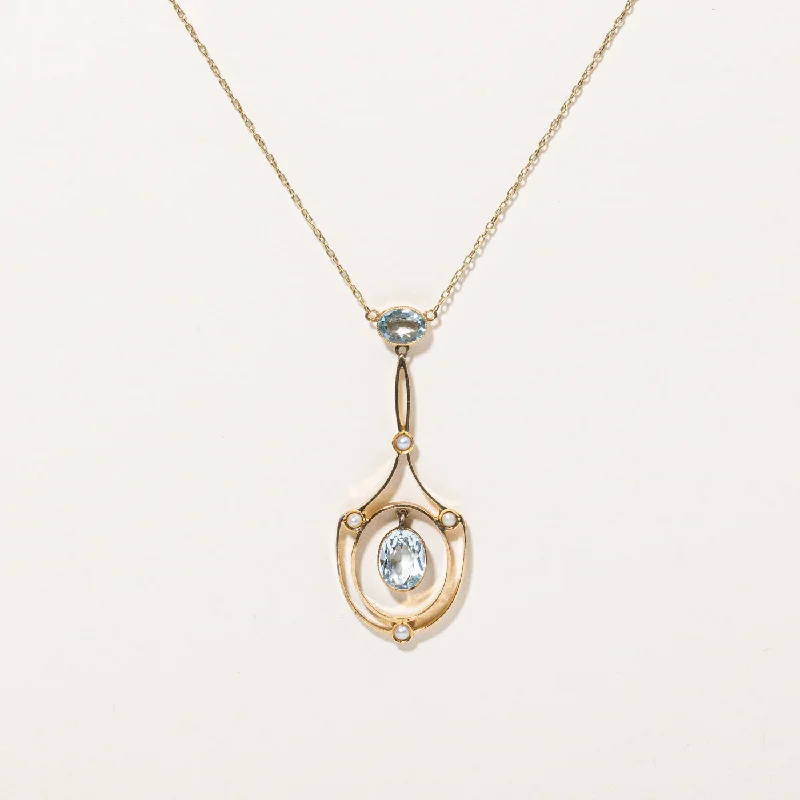 Victorian style necklaces-Aquamarine & Seed Pearl Drop Pendant Necklace | 1.30ctw | 16" |