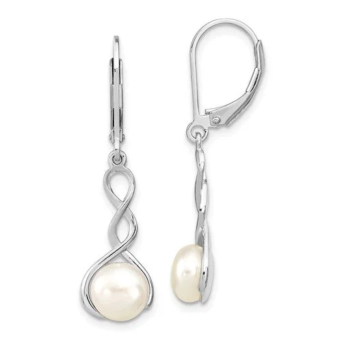 Tiny heart earrings-Sterling Silver Button Freshwater Pearl Infinity Style Leverback Earrings