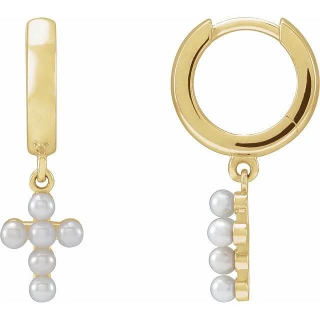 Wide hoop earrings-14K Yellow or White Gold Cultured White Seed Pearl Cross Hoop Earrings