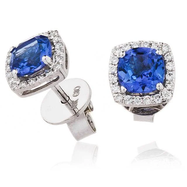 Light dangle earrings-Cushion Cut Tanzanite with Diamond Halo Studs