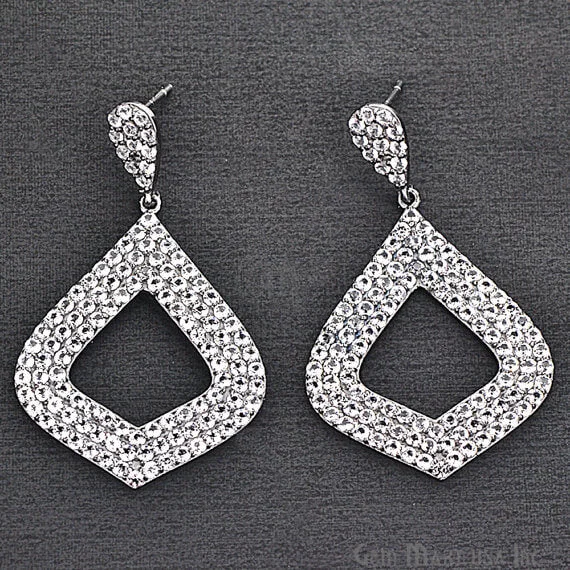 Pure crystal earrings-Black Plated Studded With Micro Pave White Topaz 50x31mm Dangle Earring