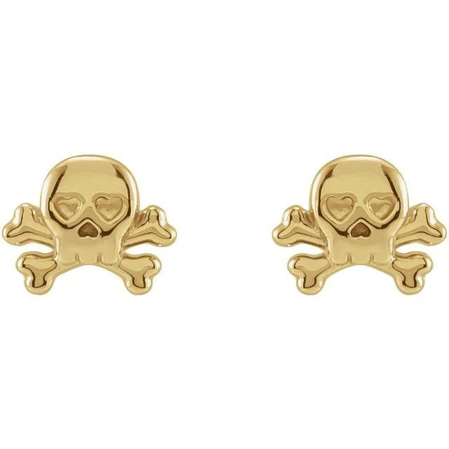 Smooth design earrings-14K Yellow Gold Petite Skull & Crossbones Earrings