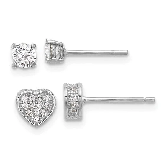 Gem weave earrings-Sterling Silver Pavé CZ Heart & 4mm CZ Stud Post Earrings Set