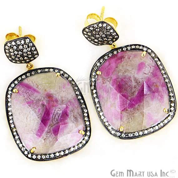 Vintage clip earrings-Beautiful Handmade Pink Sapphire Earring,Cz Pave Diamond Gold Vermeil Earring 46x27mm,(SHCZ-90099)