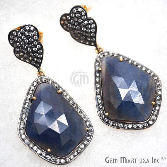 Wool thread earrings-Blue Sapphire With Cubic Zirconia Pave Diamond 56x23mm,Gold Vermeil Dangle Drop Stud Earring