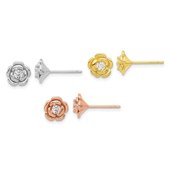 Ruby stone earrings-Sterling Silver Rose Gold and Yellow Gold CZ Rose 3 Pair Earrings Set