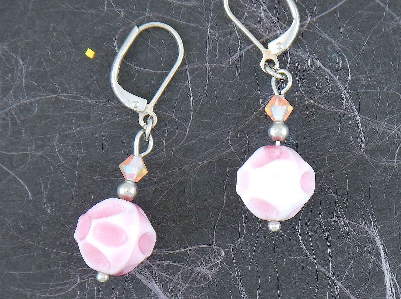 Short earrings with soft pink vintage glass crater balls, iridescent light pink Swarovski crystals, stainless steel lever back hooks