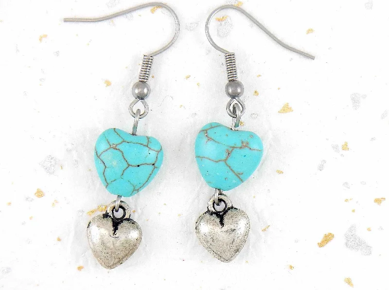 Long earrings with plump pewter hearts and turquoise hearts, stainless steel hooks