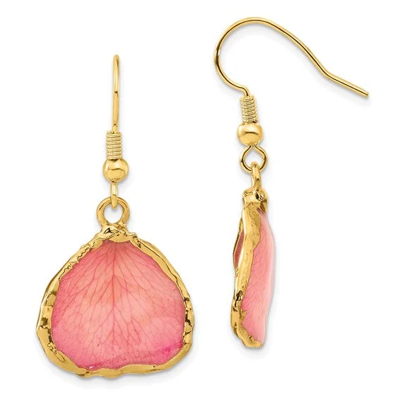 Warm clay earrings-Lacquer Dipped 24k Gold Trim Pink Rose Petal Dangle Earrings