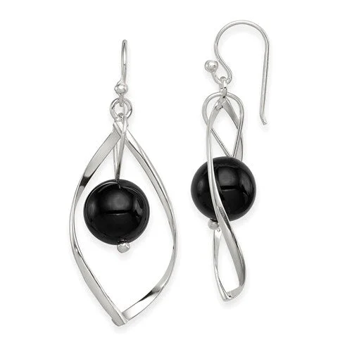 Smooth art earrings-Sterling Silver Twist with Onyx Dangle Earrings