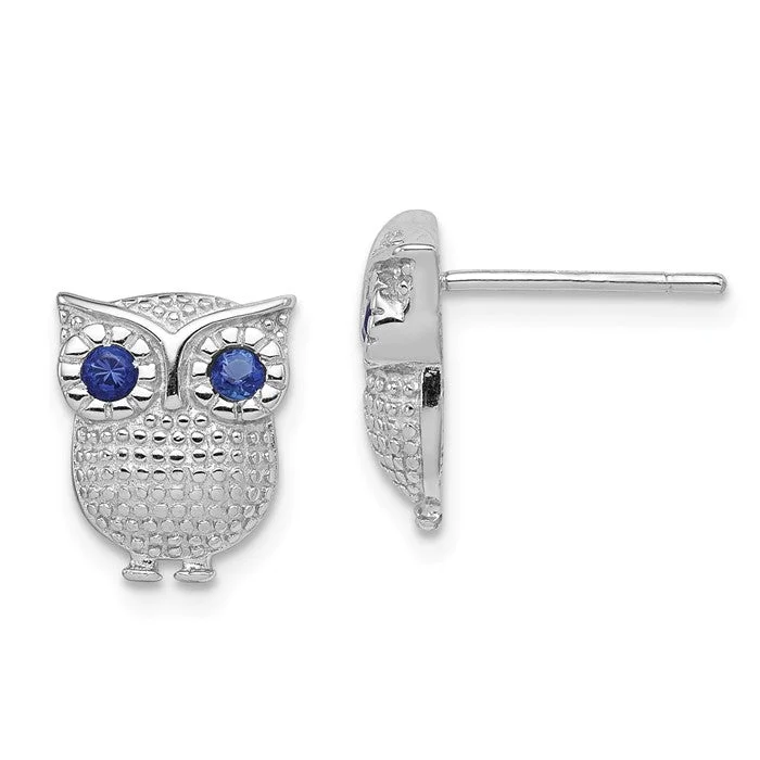 Spinel earrings-Sterling Silver Blue Created Sapphire Owl Post Earrings