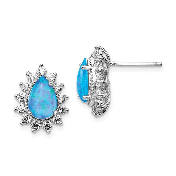 Thin wing earrings-Cheryl M Sterling Silver CZ Pear Blue Opal Halo Post Earrings