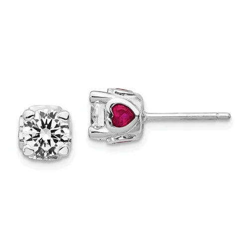 Smooth design earrings-Cheryl M Sterling Silver 6mm Round CZ & Created Ruby Heart Post Earrings