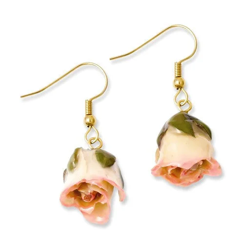 Polished art earrings-Lacquered Cream & Pink Real Rose Dangle Earrings