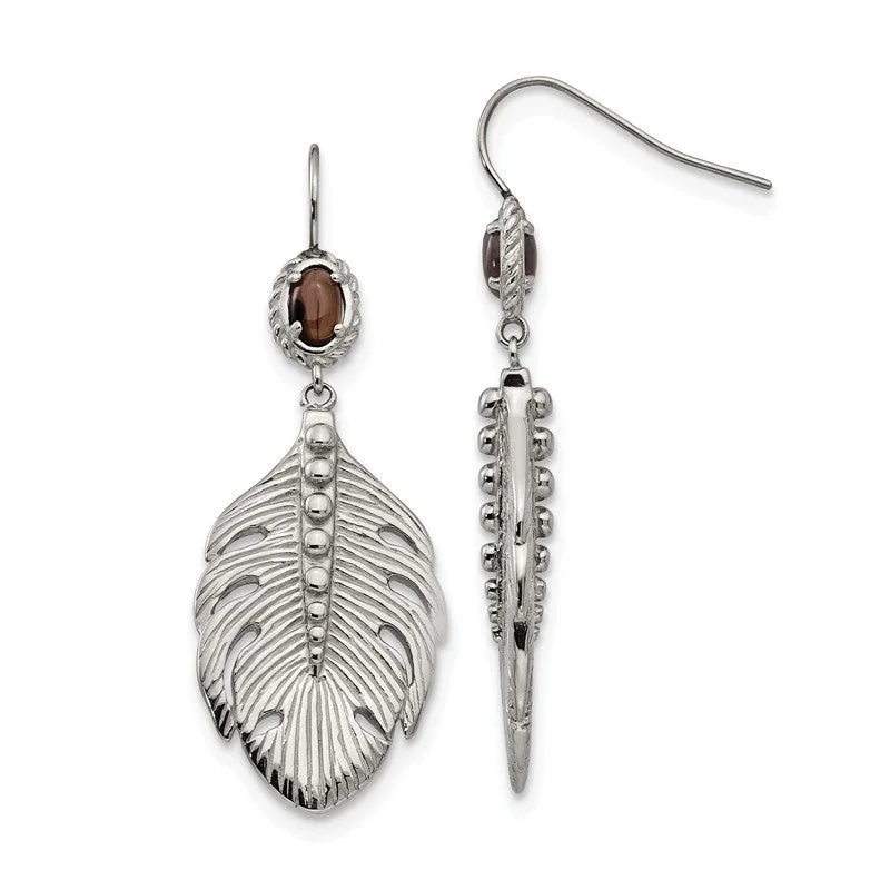 Large hoop earrings-Stainless Steel Smoky Quartz Feather Earrings