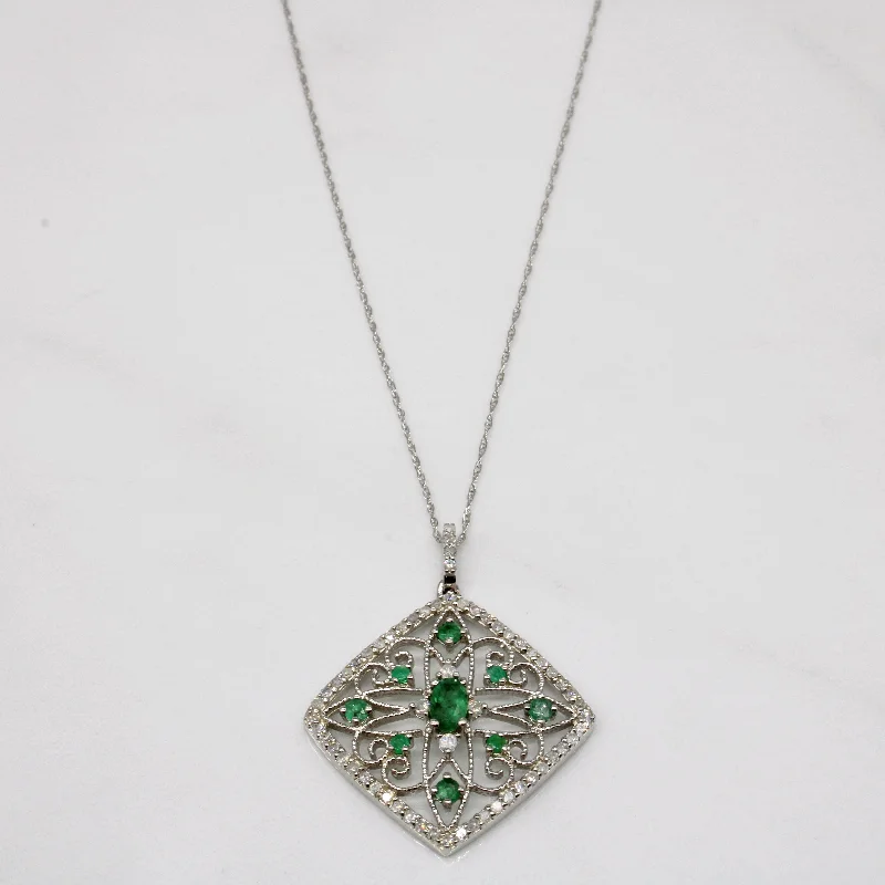 Bead-twisted necklaces-Diamond & Emerald Lattice Pendant & Necklace | 0.35ctw, 0.14ctw | 18" |