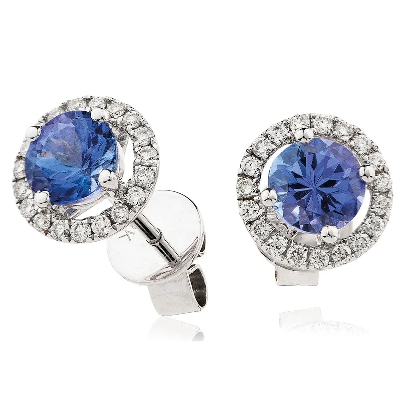 Reed style earrings-TANZANITE HALO STUD EARRINGS