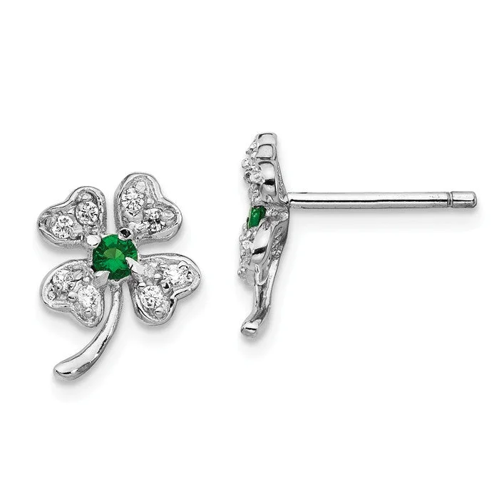 Wide ring earrings-Cheryl M Sterling Silver Simulated Emerald & CZ 4-Leaf Clover Earrings