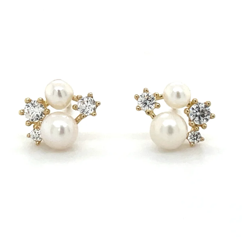 Fine texture earrings-9ct Yellow Gold Multi Cz & Pearl Stud Earrings