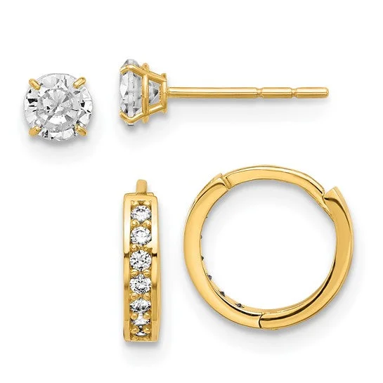 Satin silver earrings-14K Gold 5mm CZ Studs and Huggie Hoop Earrings Set