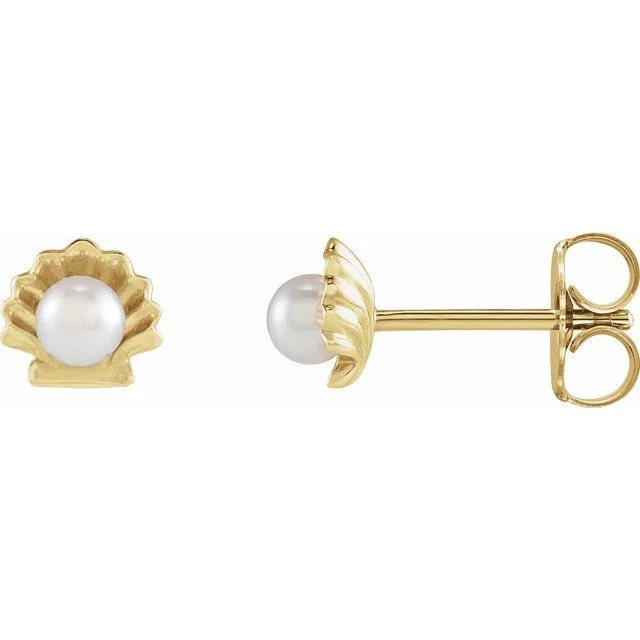 Wave shape earrings-14K Yellow Gold Cultured White Seed Pearl Shell Earrings