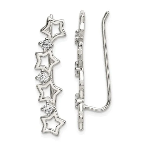 Gloss finish earrings-Sterling Silver CZ Multiple Star Ear Climber Earrings