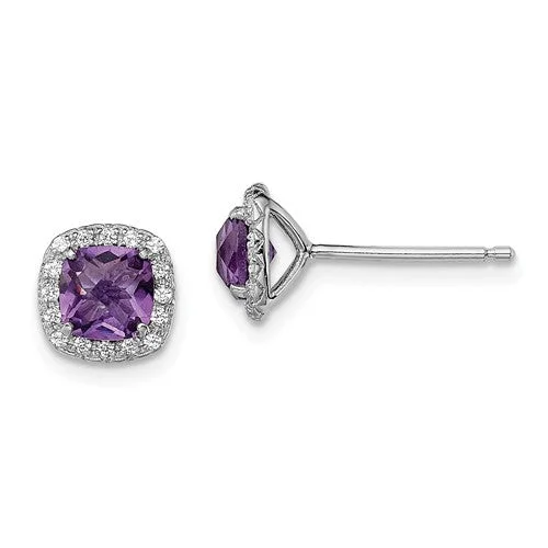 Reed style earrings-Sterling Silver Cushion Amethyst & Created White Sapphire Halo Earrings