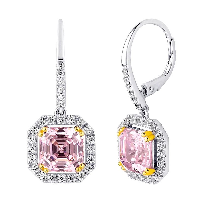 Lily motif earrings-Sterling Silver Fancy Light Pink Asscher Cut Drops with 18 KGP Prongs & Stone Detailing on Back