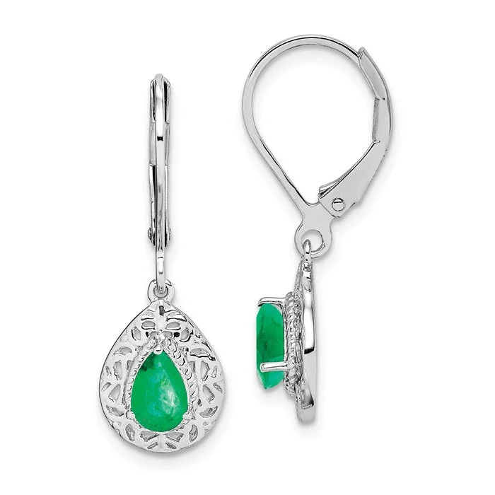 Tiny dot earrings-Sterling Silver Genuine Emerald Pear Teardrop Filigree Lever Back Earrings