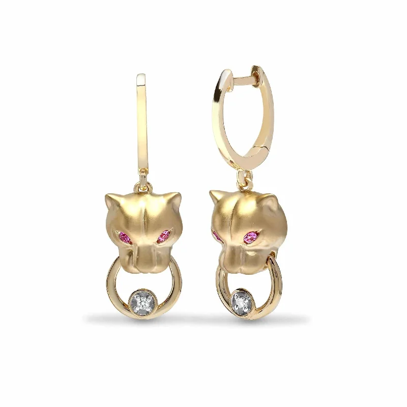 Art deco drop earrings-PINK SAPPHIRE AND DIAMOND PANTHER STUD EARRINGS IN 9K YELLOW GOLD